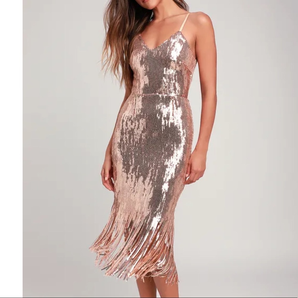Lulu's Rose Gold Sequin Fringe Midi Dress